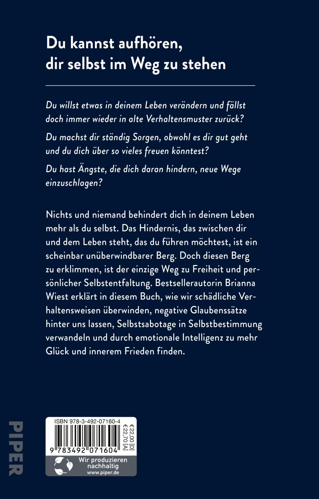 Rückseite des Buches "The Mountain Is You". Text in deutscher Sprache. Verlag: Piper. ISBN-Code und Preisaufkleber.