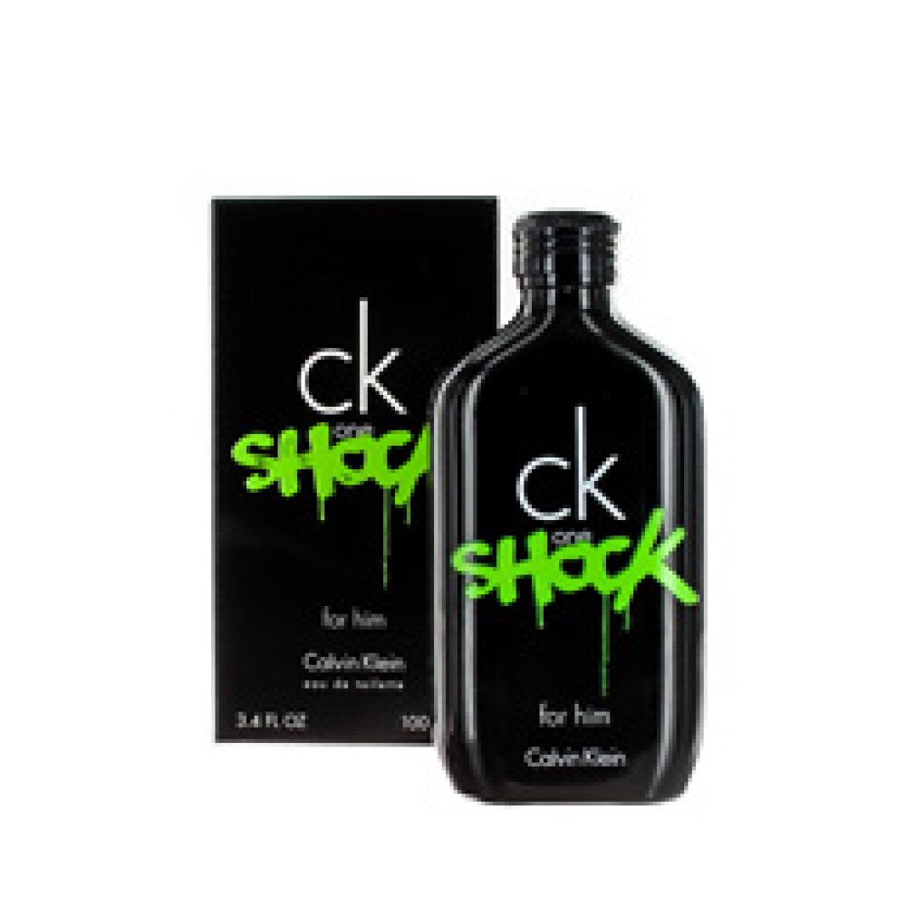 Schwarze Flasche und Box mit grünem Schriftzug. Aufschrift: ck one SHOCK for him. Eau de Toilette Spray.