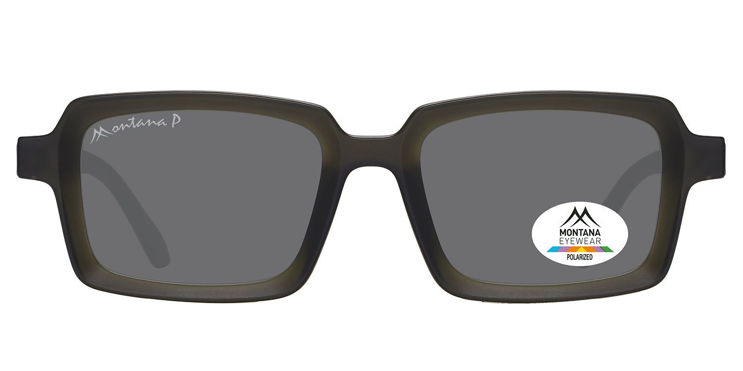 Dunkelgraue Sonnenbrille mit quadratischen Gläsern. Logo Montana Eyewear und Polarized-Aufkleber. Bügel mit Logo.