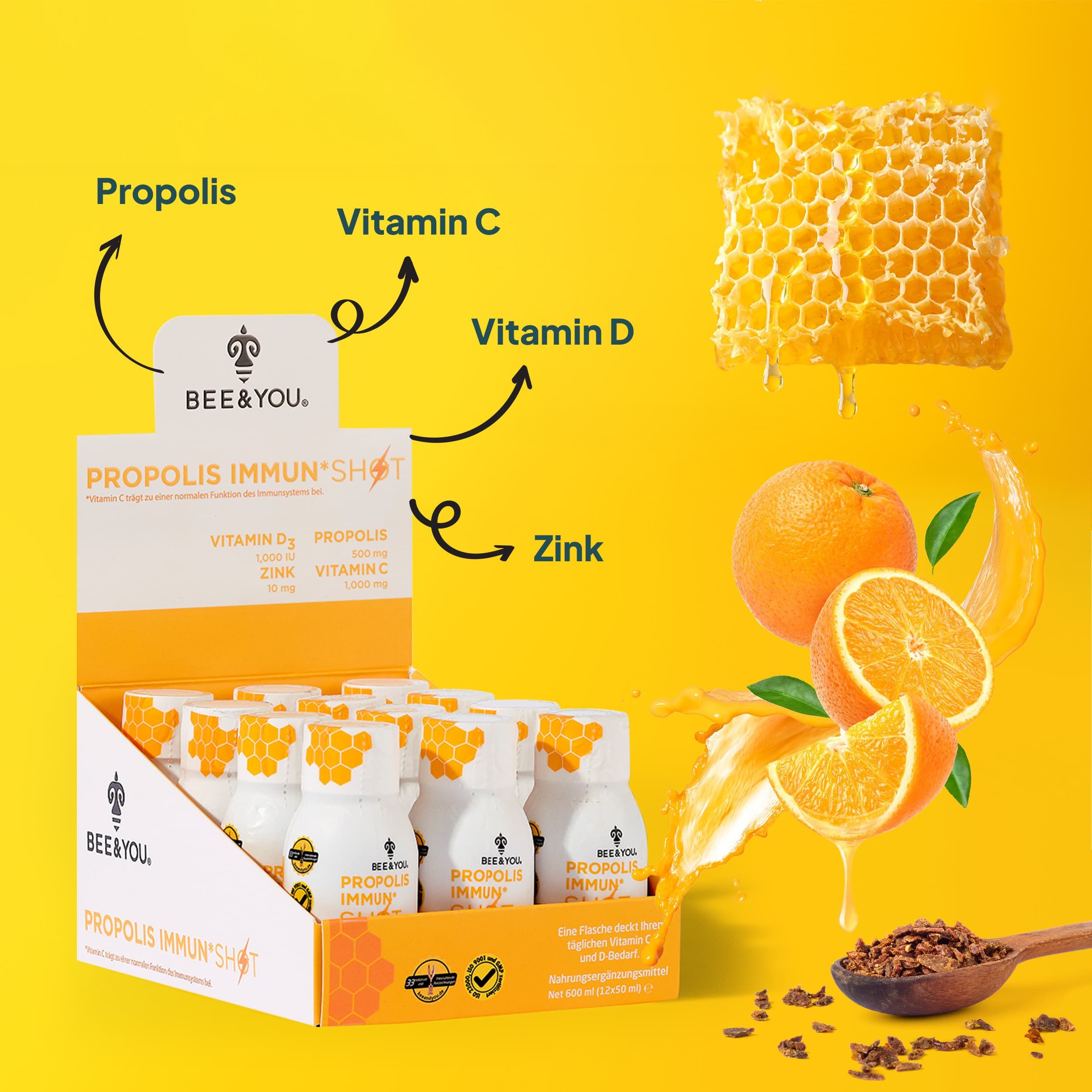 Bee&You Immun Shot mit Propolis , Vitamin D3, C Zink zur Unterstützung des Immunsystems 12x50 ml Flüssigkeit zum Einnehm...