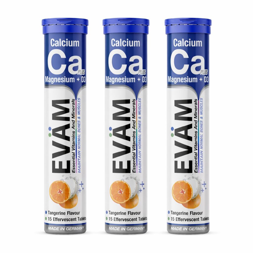 Drei Tuben EVÄM Calcium + Magnesium + D3. Jede Tube enthält 15 Brausetabletten. Produktname, Inhaltsstoffe und Mandarinen-Abbildung auf der Verpackung.