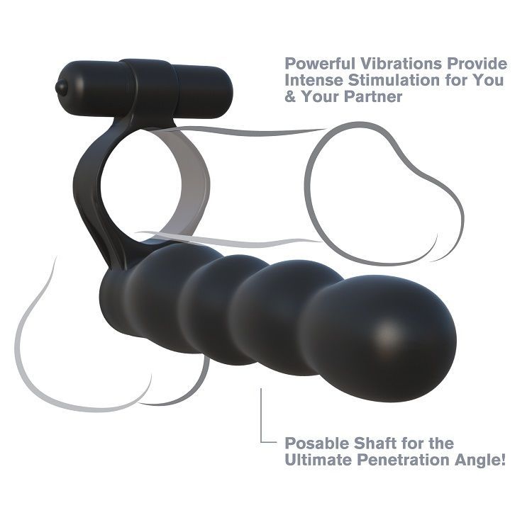 Schwarzer, posierbarer Doppelpenetrator mit perlenartigem Schaft und Vibrationsbullet.