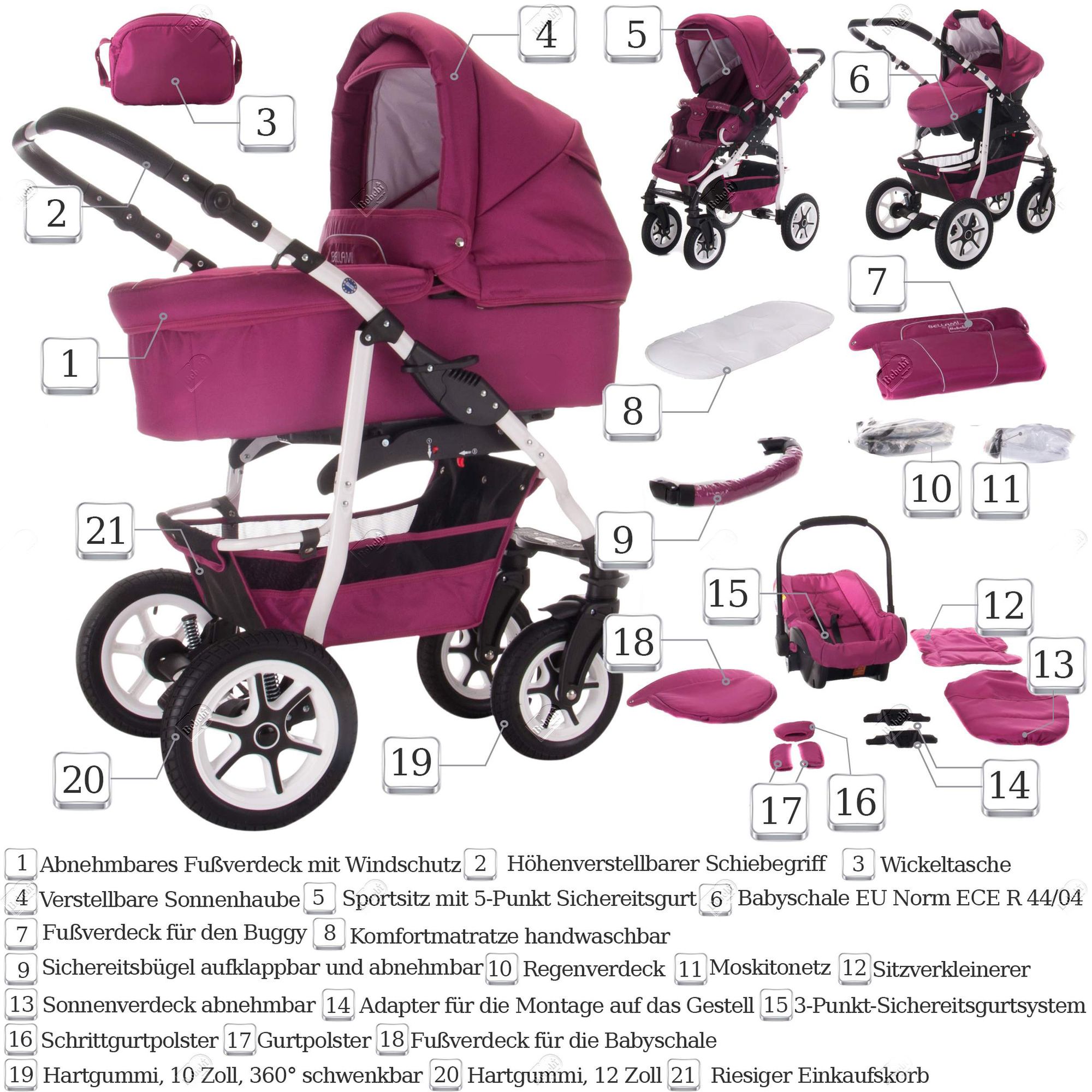 Bebebi Bellami 3 in 1 Kinderwagen Set Luftreifen, Bellamore