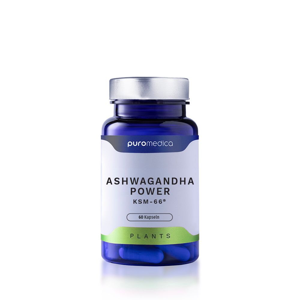 Flasche Ashwagandha POWER KSM-66 von Puromedica mit 60 Kapseln.
