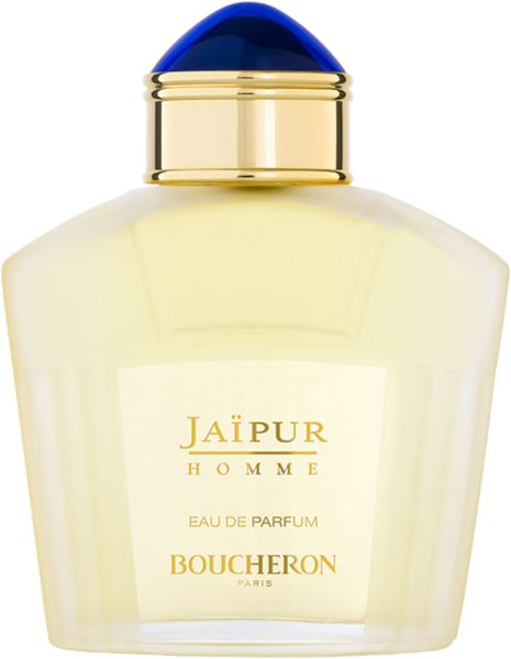 Gelber Flakon mit blauem Deckel und goldener Verzierung. Aufschrift: Jaïpur Homme Eau de Parfum.