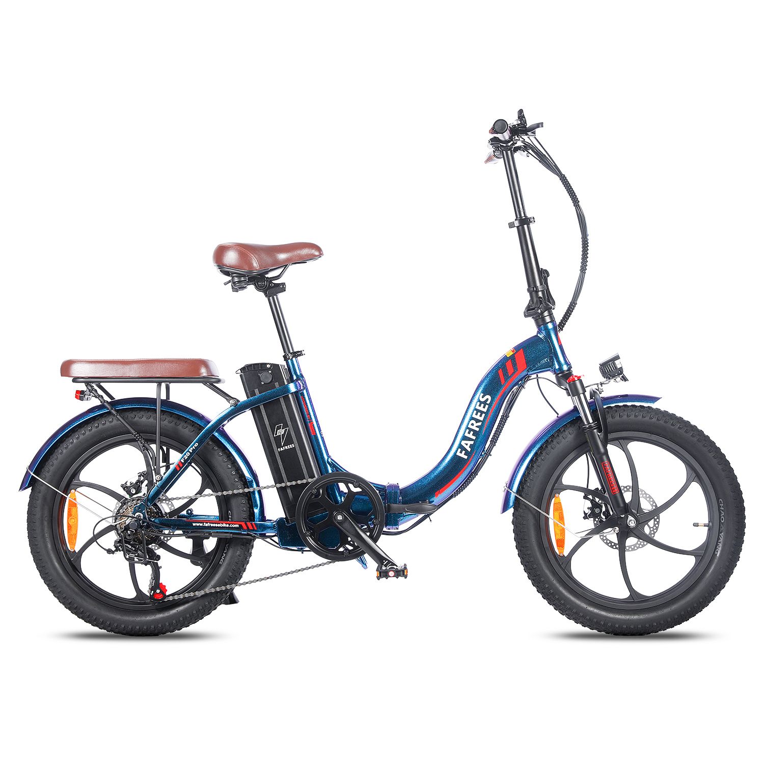 Blaues Fafrees F20 Pro E-Bike mit braunem Sattel und Gepäckträger. Schwarze Reifen und Felgen. Akku am Rahmen.
