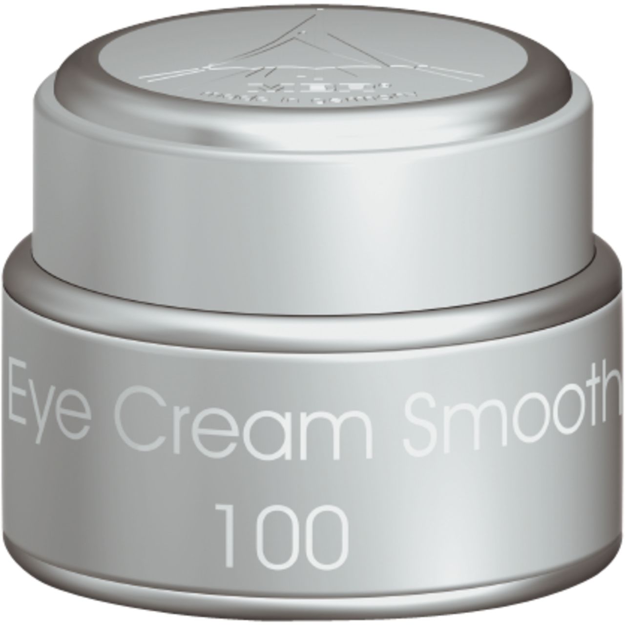 Silberfarbener Tiegel mit Deckel. Aufschrift: Eye Cream Smooth 100. Oben Logo. Cremetiegel für Augenpflege.