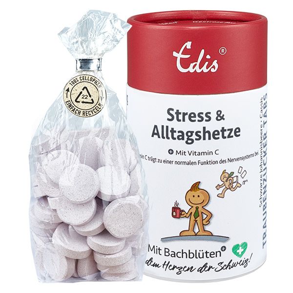 Zwei Produkte: Beutel mit Tabletten und Dose. Dose: rot-weiß, Text: Edis, Stress & Alltagshetze, Mit Vitamin C.