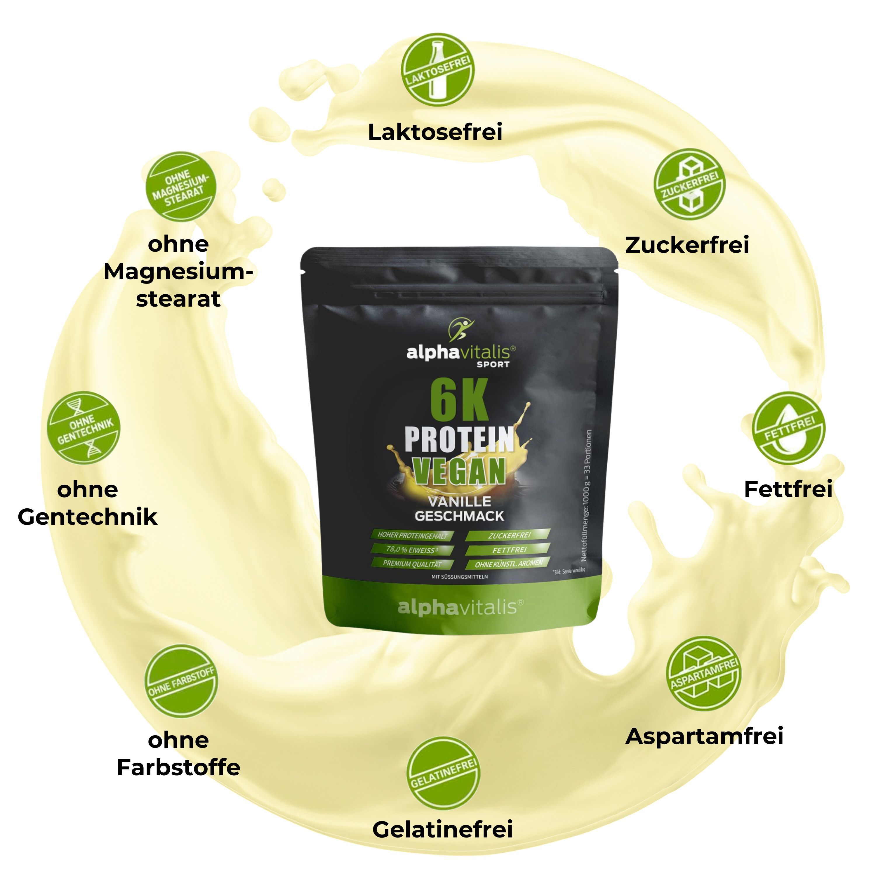 Alphavitalis® 6K Protein Vegan, Vanille Geschmack. Ohne Laktose, Zucker, Fett, Aspartam, Farbstoffe, Gentechnik, Magnesiumstearat, Gelatine.