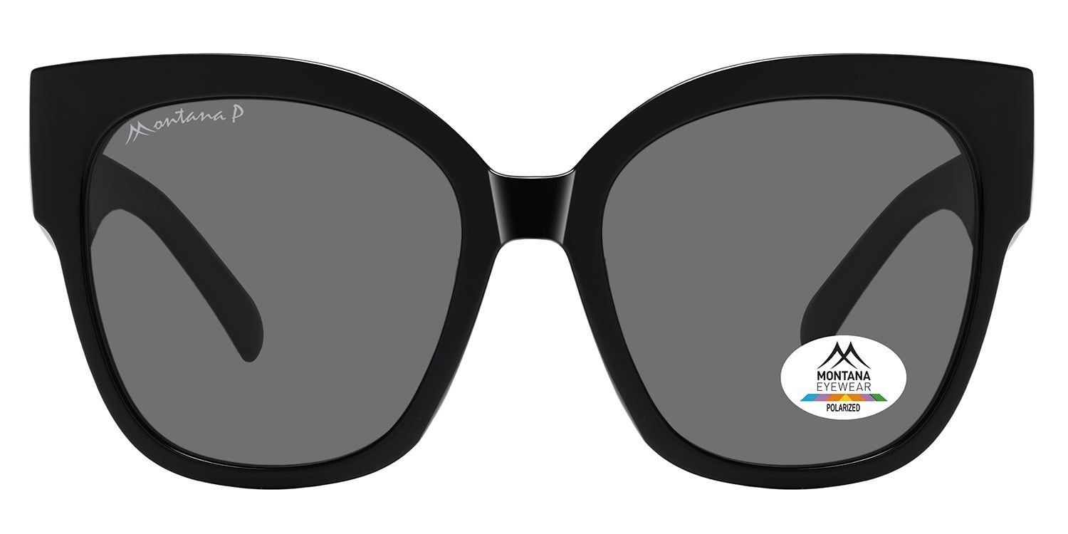 Schwarze Sonnenbrille mit grauen Gläsern. Montana Eyewear Logo auf dem linken Bügel. Polarisiertes Logo auf dem rechten Glas.