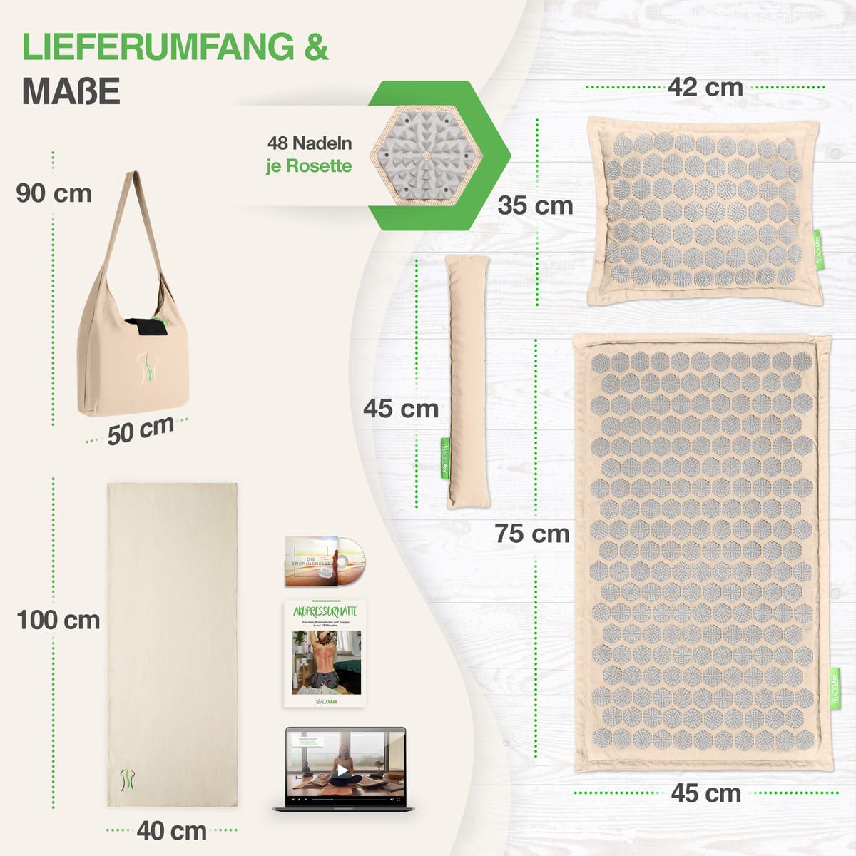 Akupressurmatten Set mit Zubehör. Maße: Matte 100x45cm, Kissen 42x35cm, Tasche 90x50cm. 48 Nadeln je Rosette. Broschüre und Laptop.