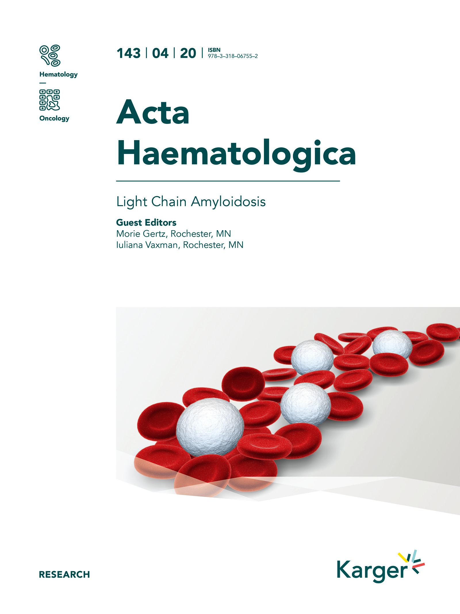 Titelblatt der Acta Haematologica. Thema: Light Chain Amyloidosis. Rote Blutkörperchen und weiße Kugeln auf weißem Hintergrund. Karger-Logo.