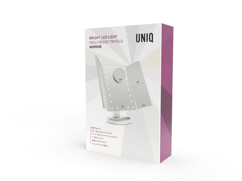 Verpackung des weißen, dreifach faltbaren Kosmetikspiegels. Text: UNIQ, Hollywood Trifold Mirror.