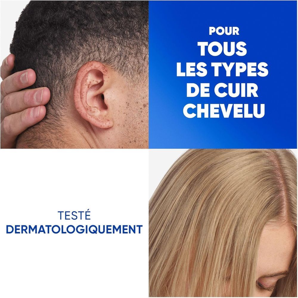 Images du cuir chevelu et des cheveux. Texte: Pour tous les types de cuir chevelu. Testé dermatologiquement.