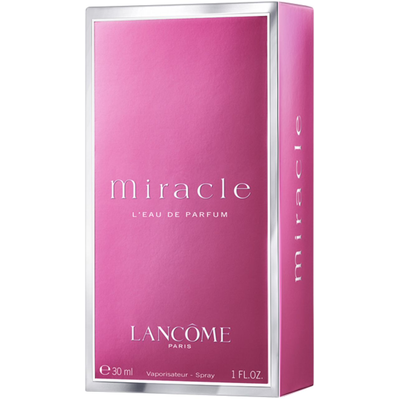 LANCÔME Miracle Verpackung, rosa, silberner Rahmen. Schriftzug: Miracle, L'EAU DE PARFUM, e 30 ml, 1 FL.OZ.