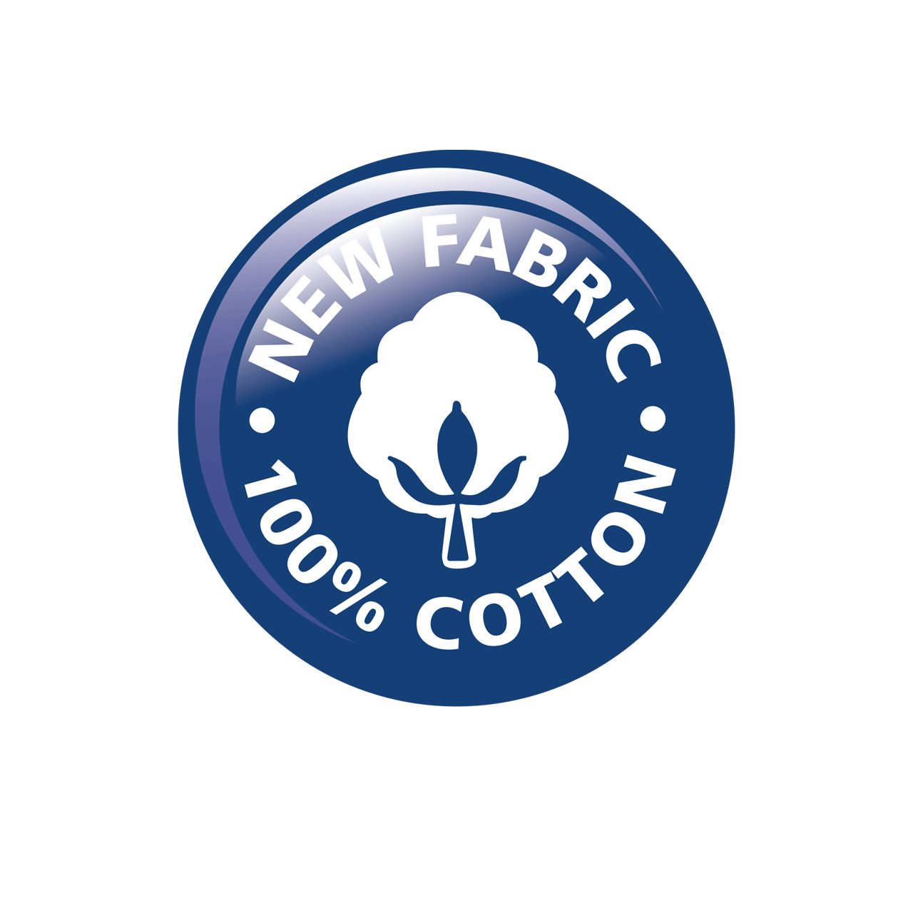 Blauer Kreis mit weißer Baumwollblüte und Text: 'NEW FABRIC • 100% COTTON'.