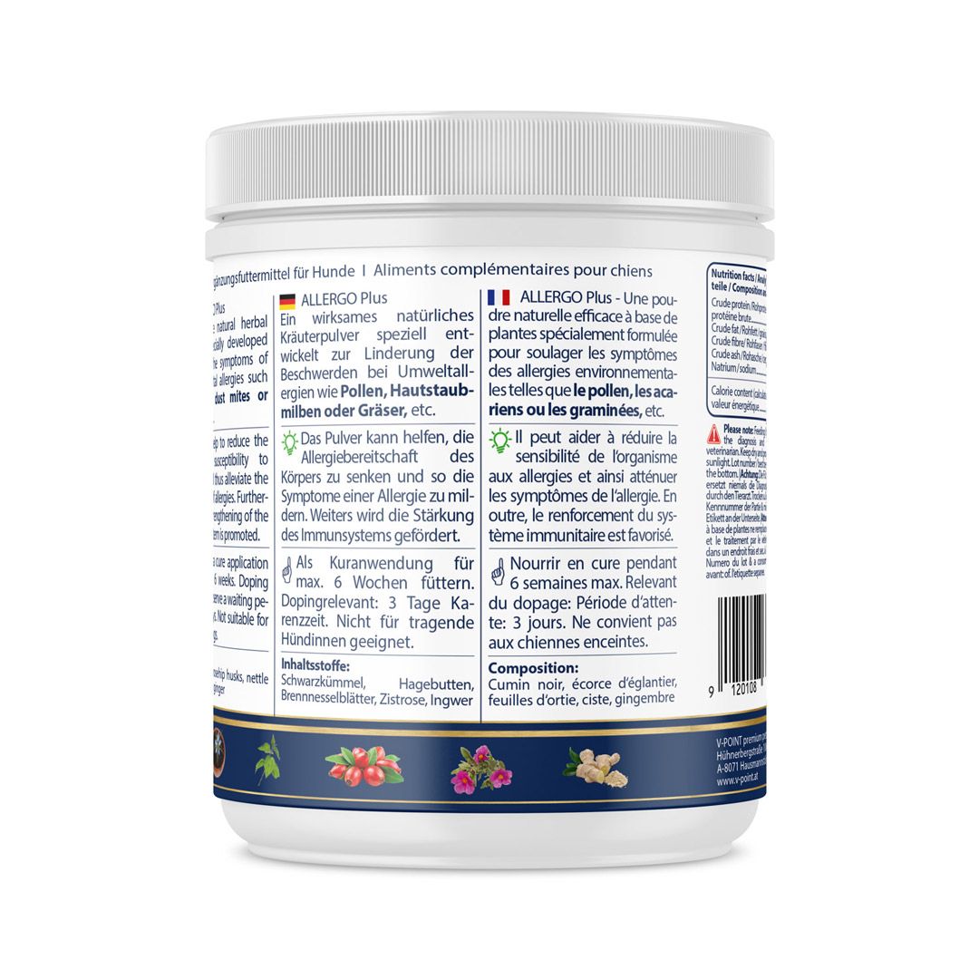 Rückseite der Dose mit Text und Dosierungsanleitung. Inhaltsstoffe: Schwarzkümmel, Hagebutte, Ingwer, etc. 250g.
