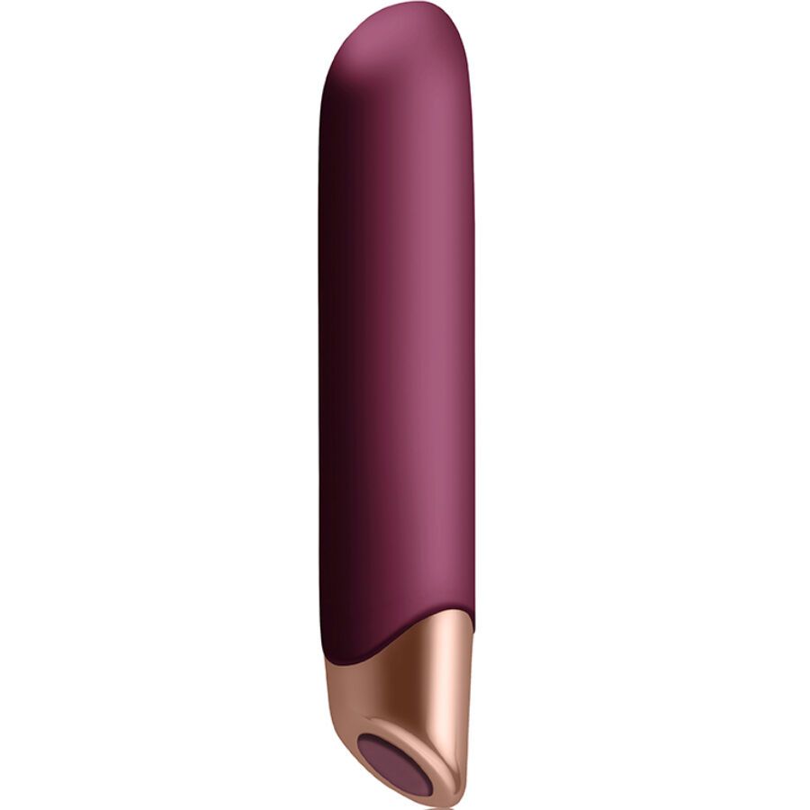 Bordeauxfarbener Vibrator mit goldfarbener Spitze. Die Spitze ist abgewinkelt.