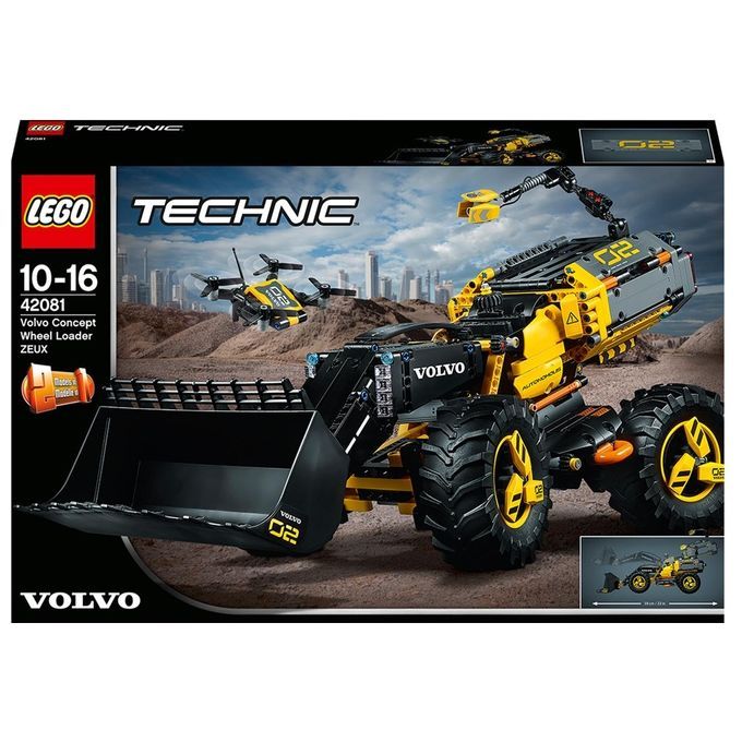 Set LEGO Technic Volvo ZEUX 42081. La confezione mostra una pala gommata gialla e nera con il logo Volvo. Il set è destinato a bambini dai 10 ai 16 anni. Include anche un modello di piccolo velivolo. È visibile anche il logo LEGO Technic.