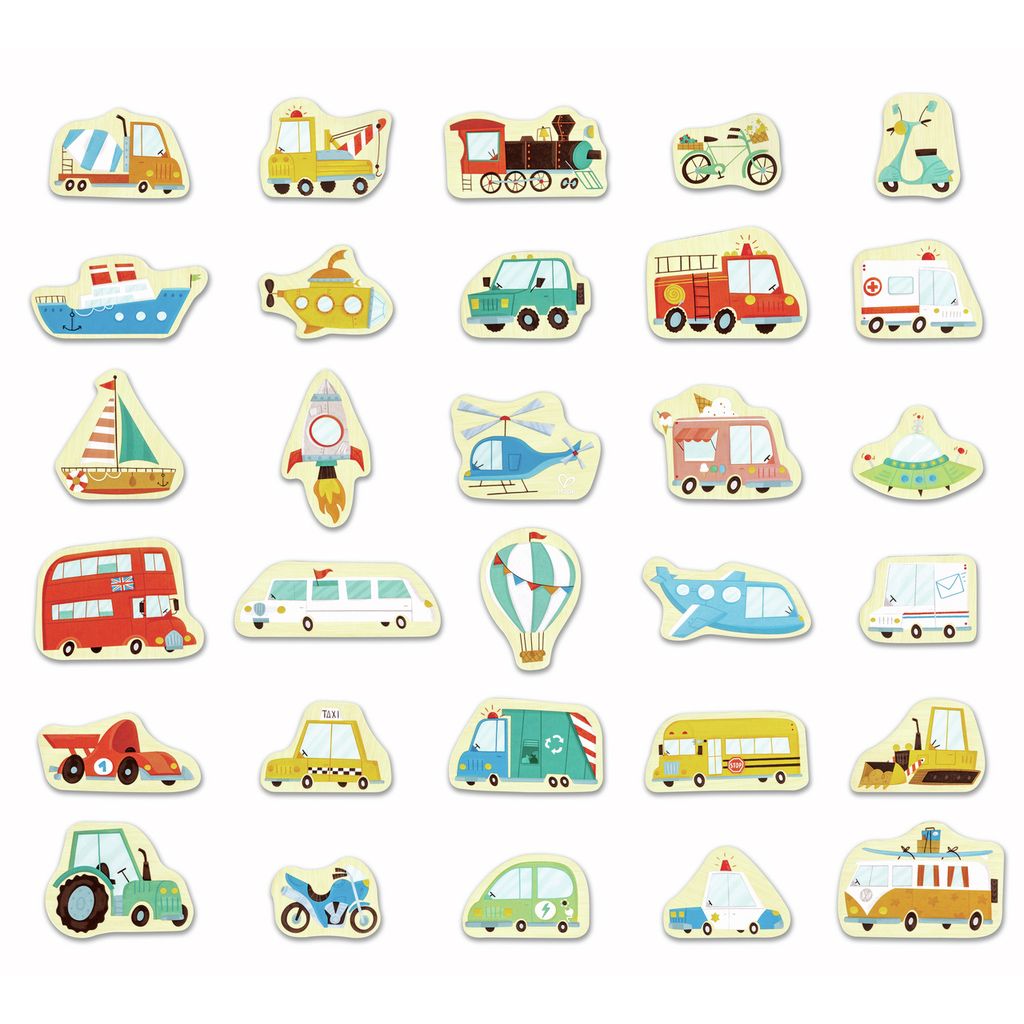Hape Magnetisch Voertuig-Set. 30 magnetische voertuigonderdelen in diverse vormen en kleuren.