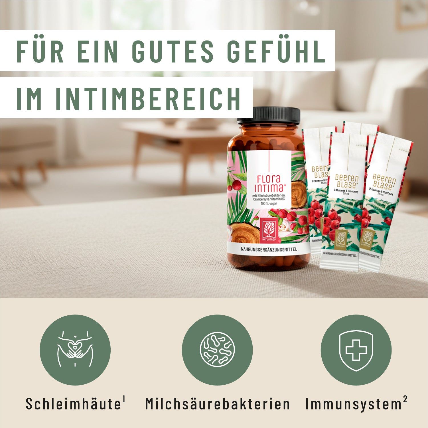 Flasche 'Flora intima' mit Beeren-Blasen-Sachets. Symbole für Schleimhäute, Milchsäurebakterien, Immunsystem.