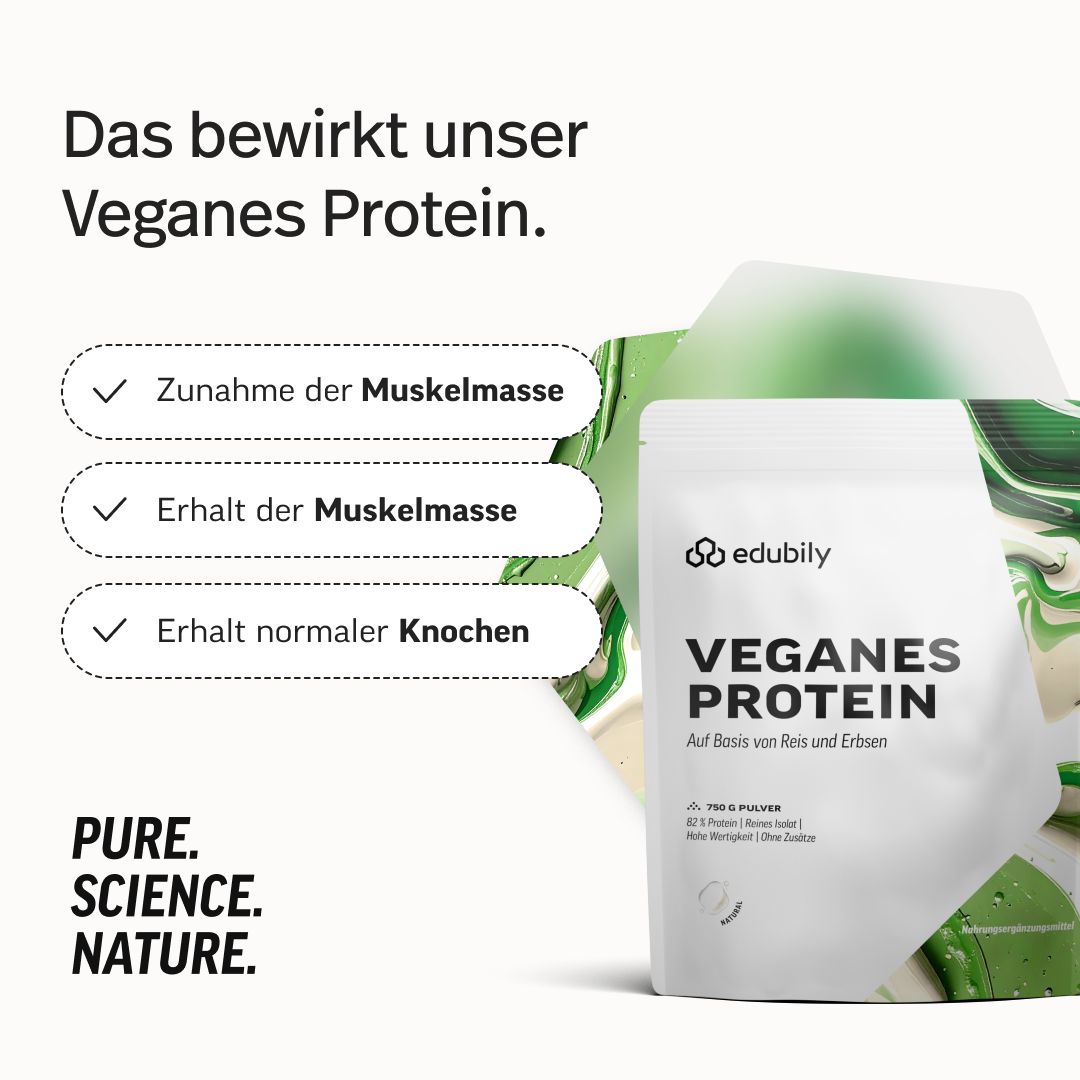 Vorteile von edubily veganem Protein: Zunahme/Erhalt der Muskelmasse, Erhalt normaler Knochen. PURE. SCIENCE. NATURE.
