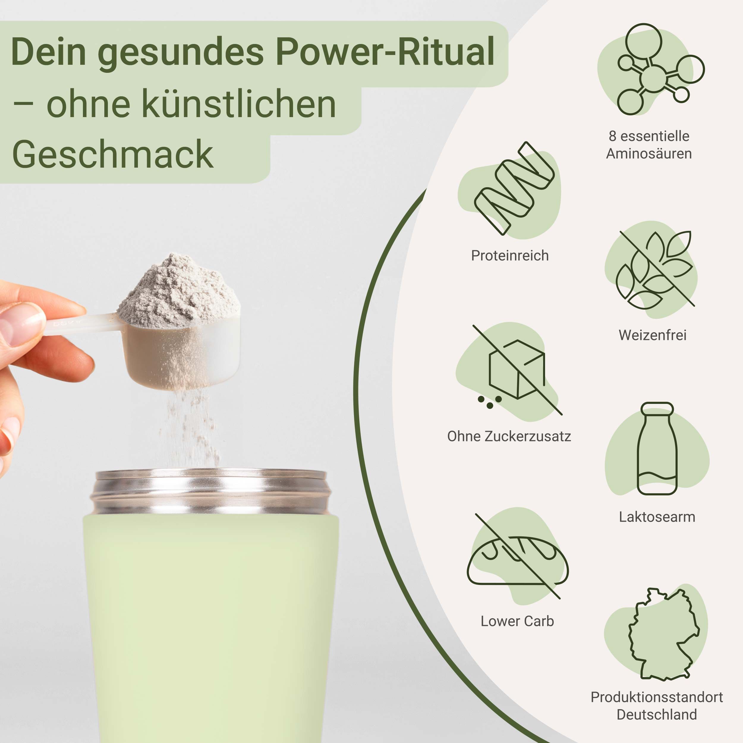 Person gibt Pulver in Shaker. Text: 8 essentielle Aminosäuren, proteinreich, ohne Zuckerzusatz, laktosearm, etc. Produktionsstandort Deutschland.