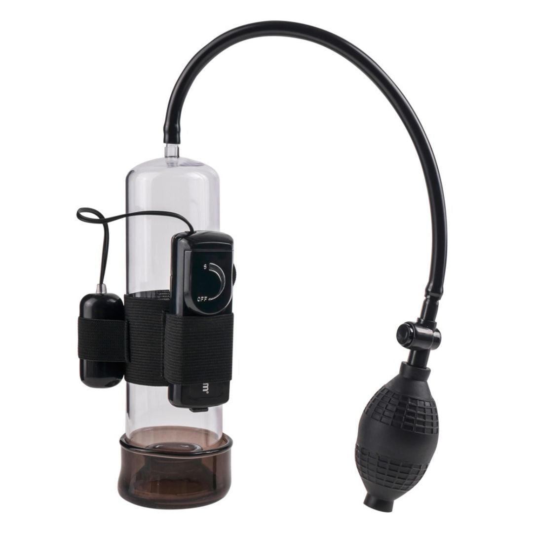 Zylinderpumpe mit Ballpumpe, Schlauch und Steuerung. Schwarze Elemente, transparente Kammer.