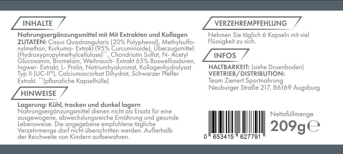 Rückseite der ZNT Nutrition Joint Support-Dose. Enthält Zutaten, Verzehrempfehlung, Informationen und Barcode. Nettogewicht: 209g.