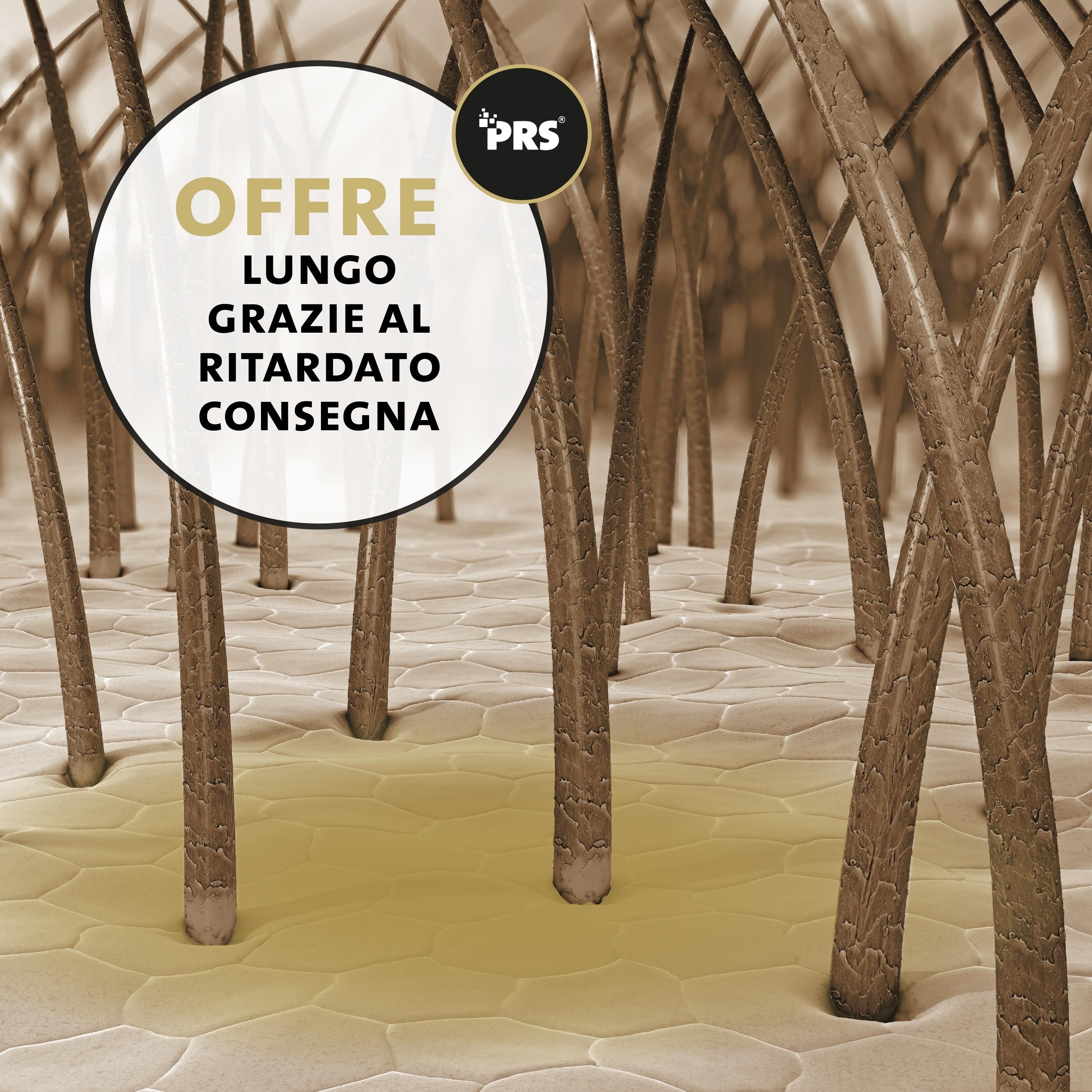 Nahaufnahme von Pferdehaar. Text: Wirkt lange dank verzögerter Abgabe. PRS-Logo.