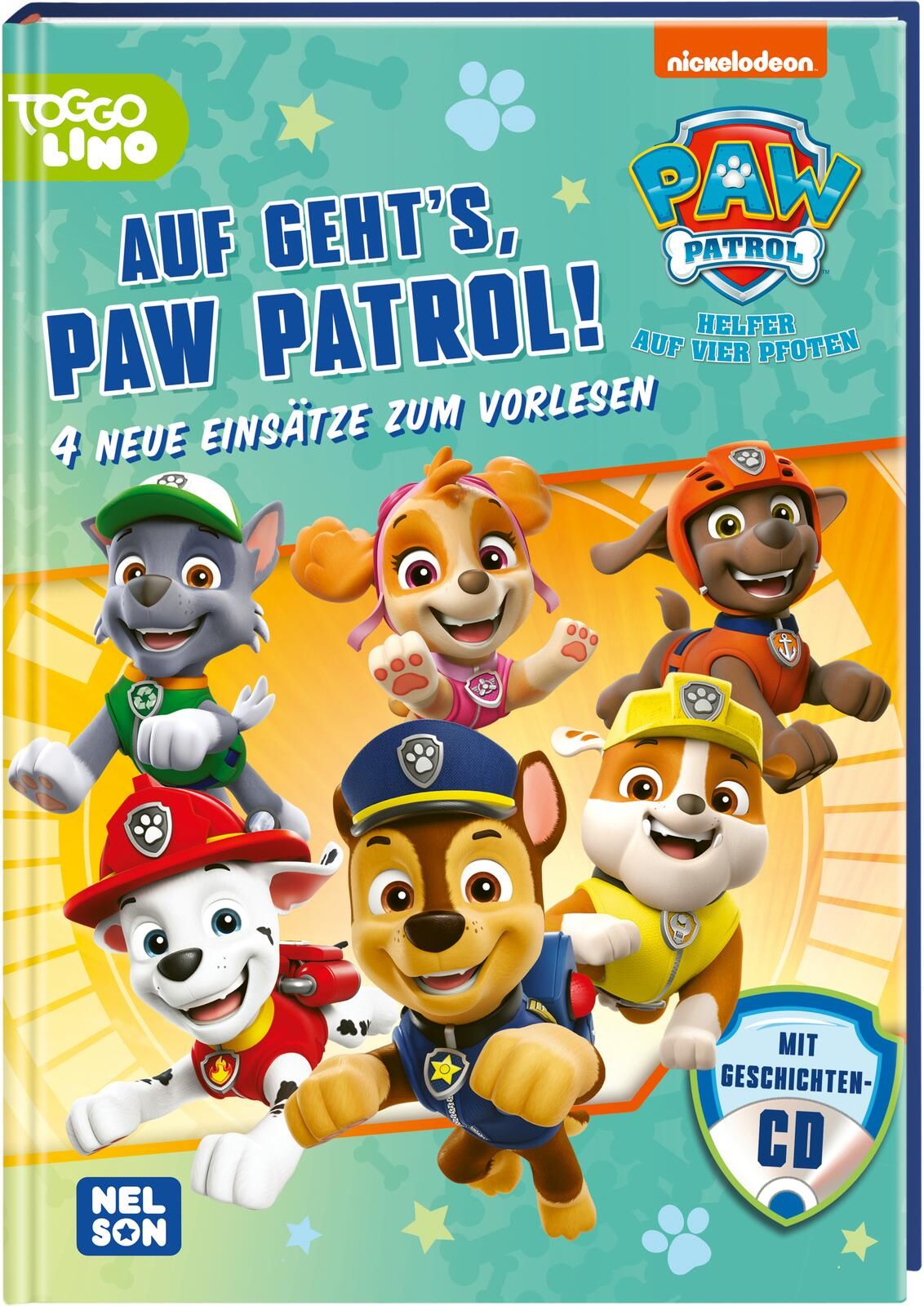 Buch "Auf geht's, PAW Patrol!". Auf dem Cover sind die PAW Patrol-Charaktere abgebildet. Mit Geschichten-CD. Verlag Nelson.