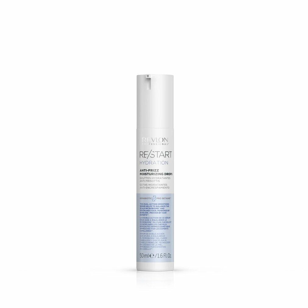 Weiße Flasche mit Produktetikett. Text: RE/START Hydration Anti-Frizz Moisturizing Drops. 50ml/1.6 fl oz.