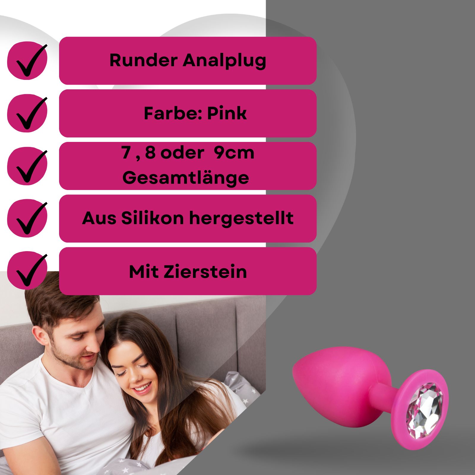 Produktabbildung mit Text. Analplug, Farbe Pink, 7, 8 oder 9cm Länge, aus Silikon, mit Zierstein.