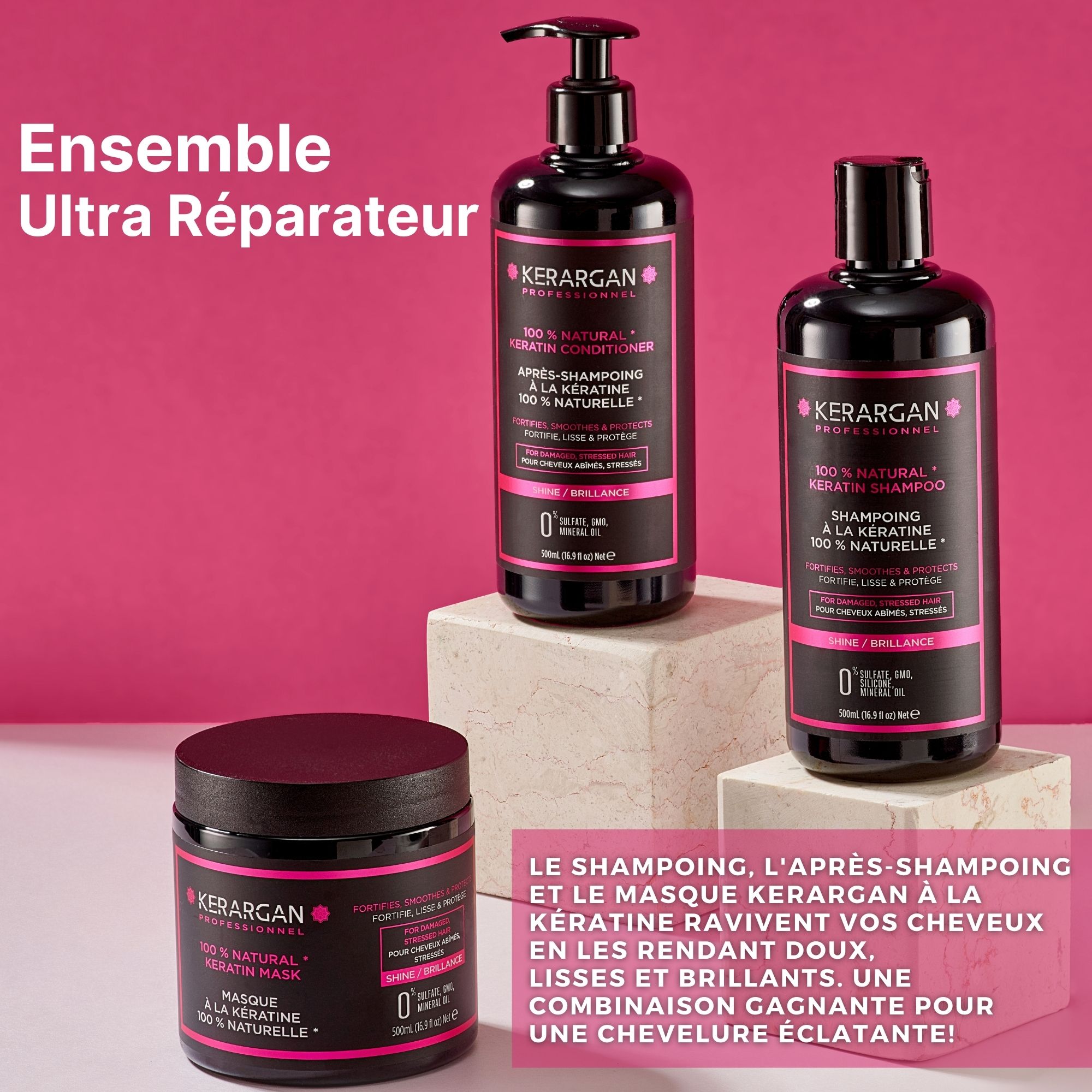 Trois flacons noirs et un pot. Ensemble Kerargan. Shampooing, après-shampooing, masque. Texte : Ultra-Réparateur.
