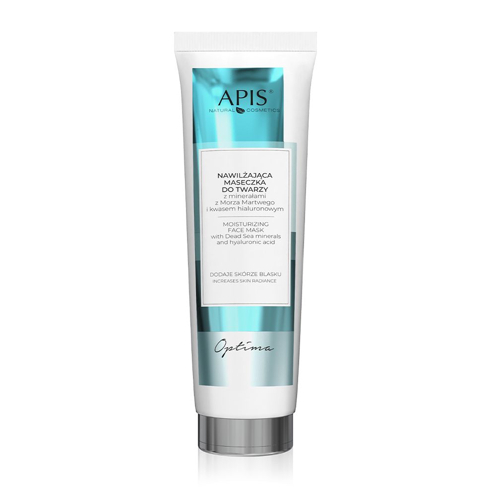 Gesichtsmaske APIS OPTIMA in Tube. Türkis-weiße Verpackung, Produktname und Inhaltsstoffe.