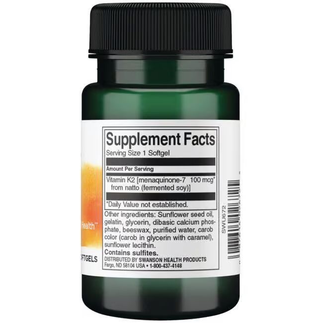 Rückseite der grünen Flasche. Aufschrift: Supplement Facts, Vitamin K2 (menaquinone-7 100 mcg), Zutaten, Swanson Health Products.