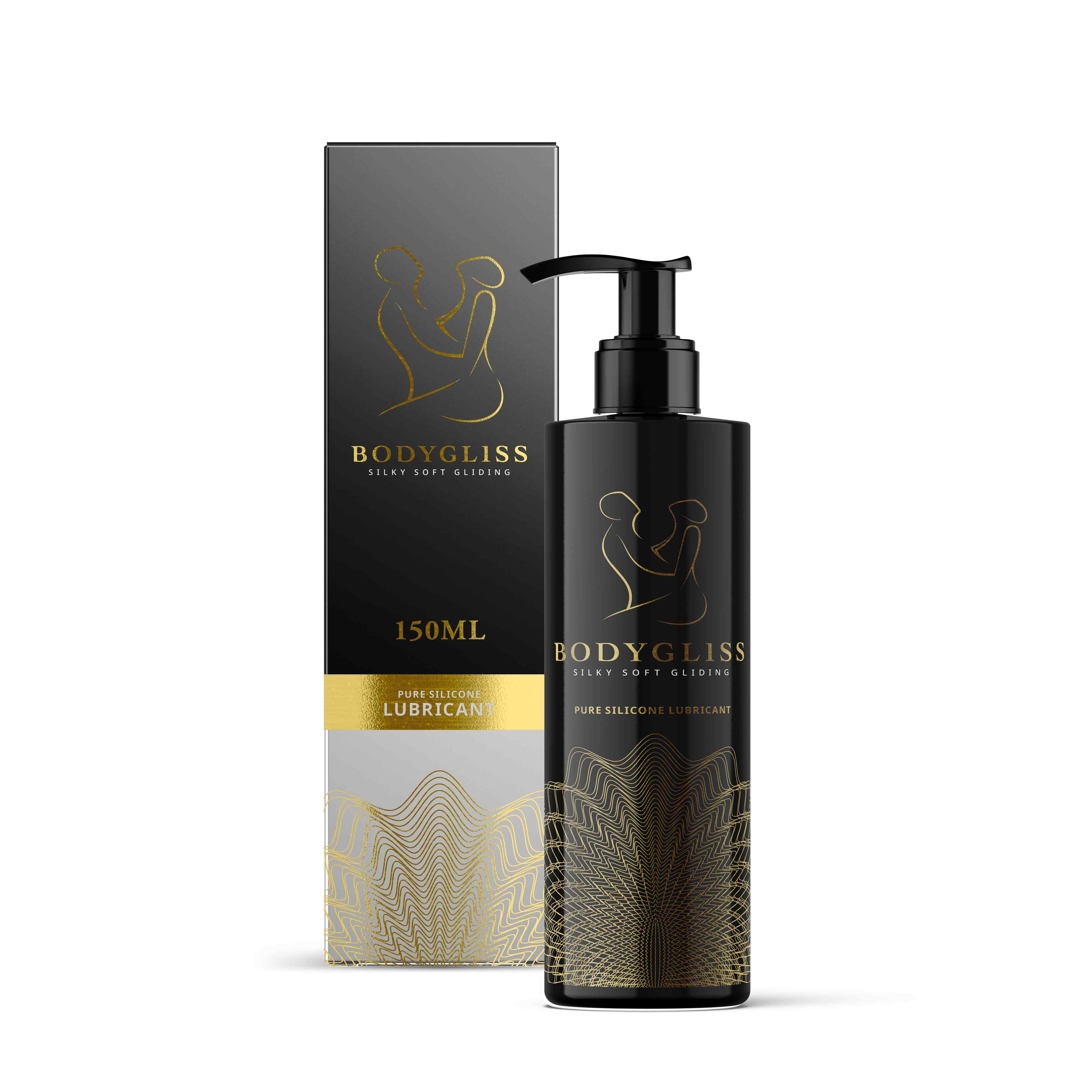 Schwarze Flasche mit Dosierpumpe und Verpackung. Goldfarbene Schriftzüge und Illustrationen. Produktname und "Silky Soft Gliding".