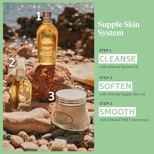 Drei Produkte: Flasche Mandel Duschöl, Flasche Mandel Supple Skin Oil, Tiegel Mandel Milk Concentrate. Text: Cleans, Soften, Smooth.
