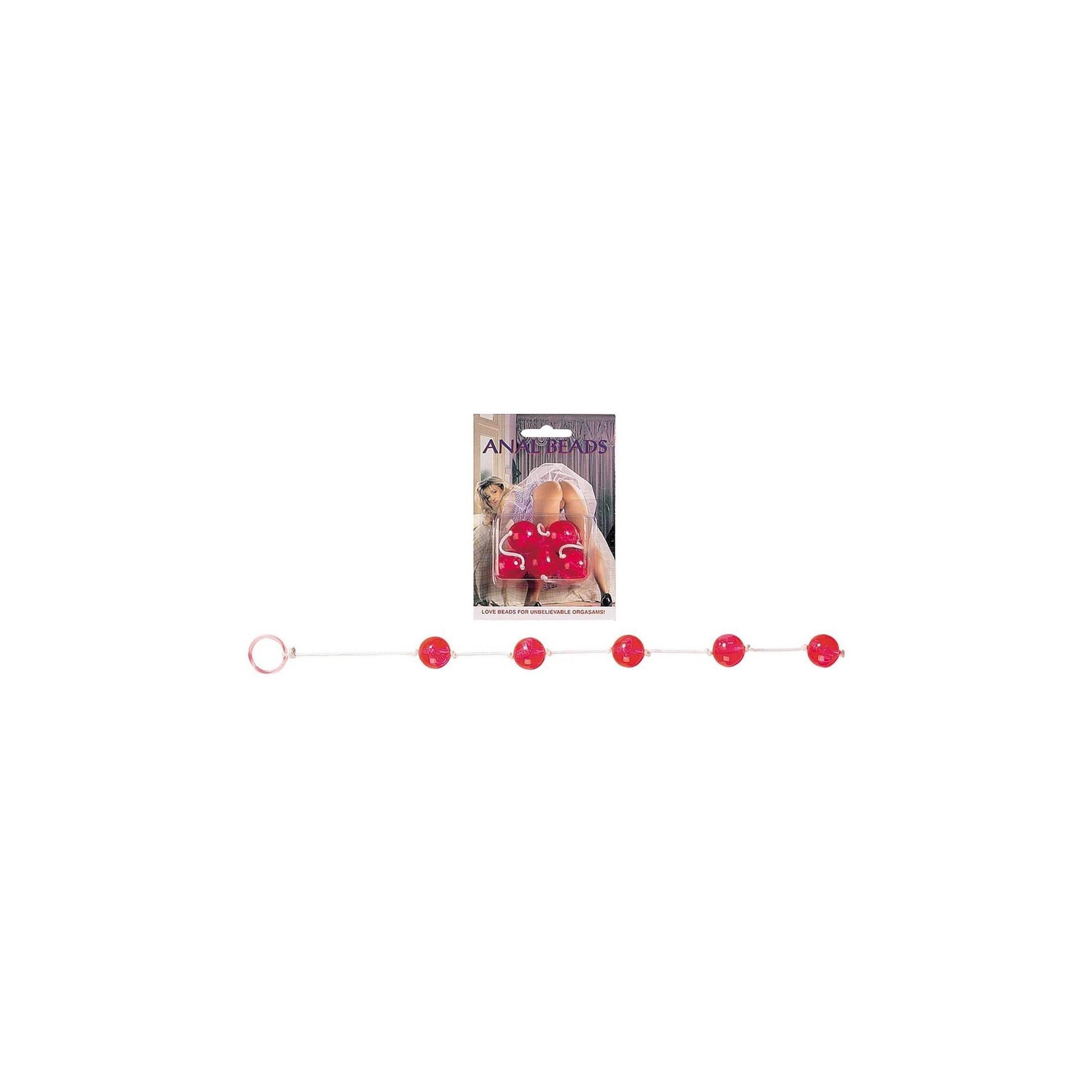 Kette mit sechs roten Kugeln. Verpackung mit Produktname "ANAL BEADS".