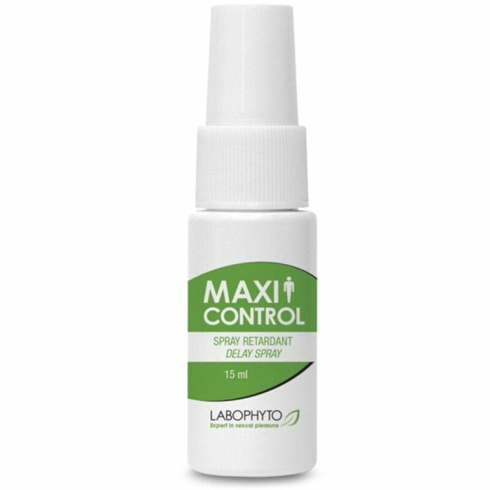 Weißes Spray mit grünem Etikett. Aufschrift: MAXI CONTROL, Delay Spray. 15 ml. Logo Labophyto.