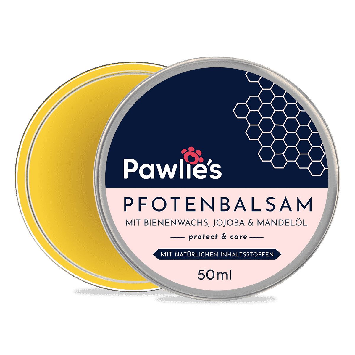 Runde Dose Pfotenbalsam, geöffnet. Deckel mit Logo und Produktinformationen. Gelbe Balsam-Oberfläche sichtbar.
