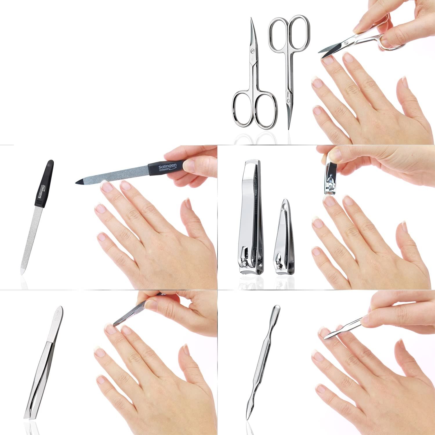 Verschiedene Werkzeuge des Maniküre-Sets in Anwendung: Nagelschere, Feile, Nagelknipser, Pinzette und Nagelhautschieber.