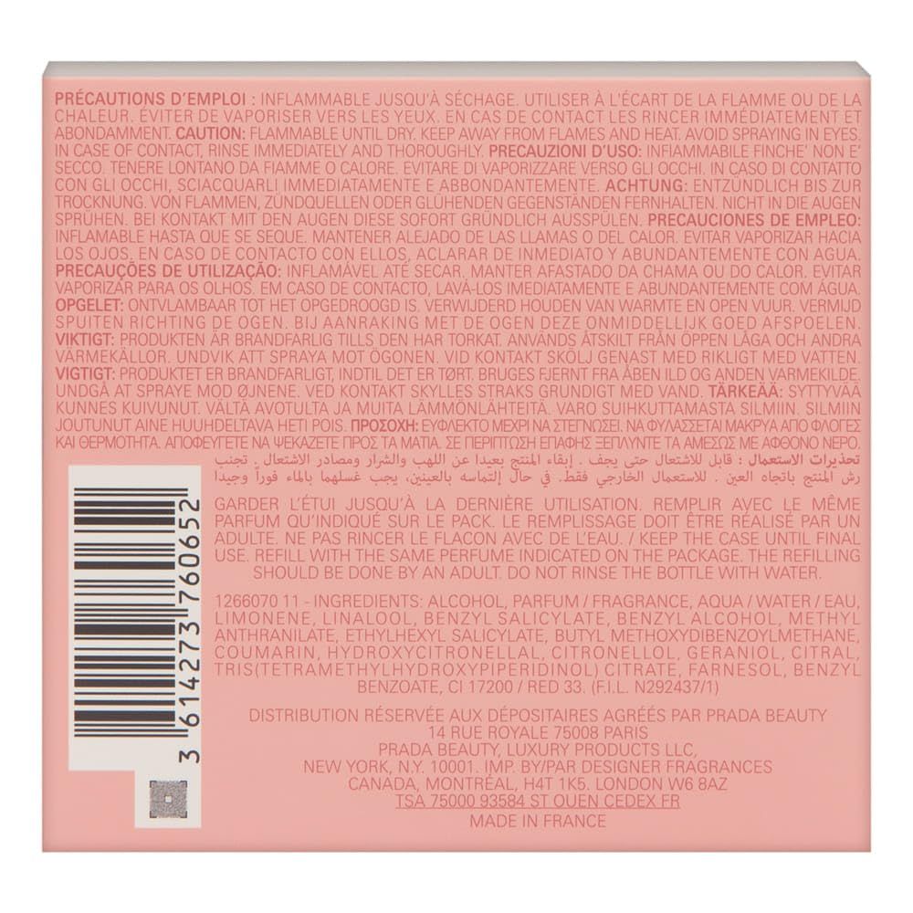 Verpackung mit Text. Rosa Hintergrund, Text in mehreren Sprachen, Barcode, Inhaltsstoffe, Herstellerinformationen.