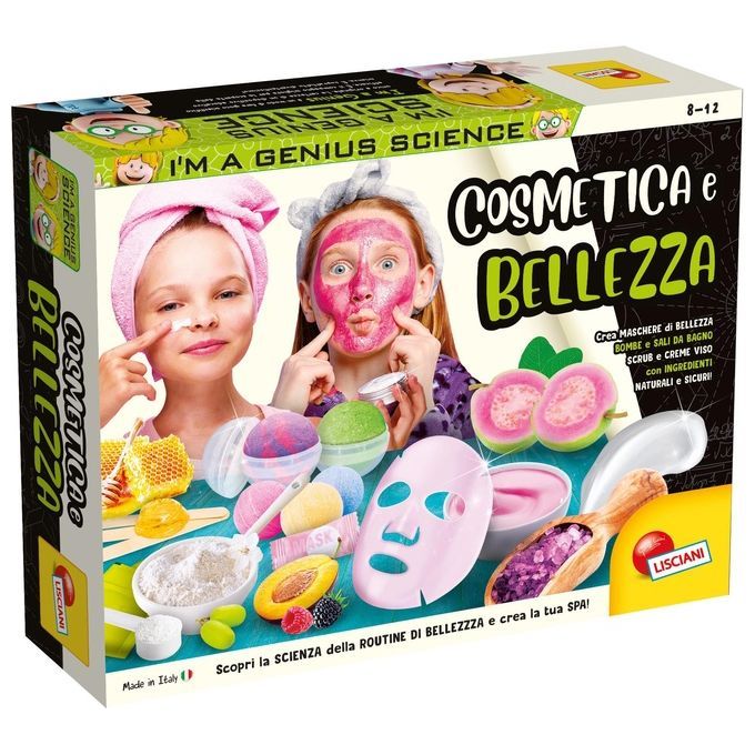 Il prodotto è un kit cosmetico e di bellezza per bambini, confezionato in una scatola intitolata "Cosmetica e Bellezza". La confezione mostra bambini con maschere per il viso e vari prodotti cosmetici. Il kit include maschere, sali da bagno, scrub e creme.