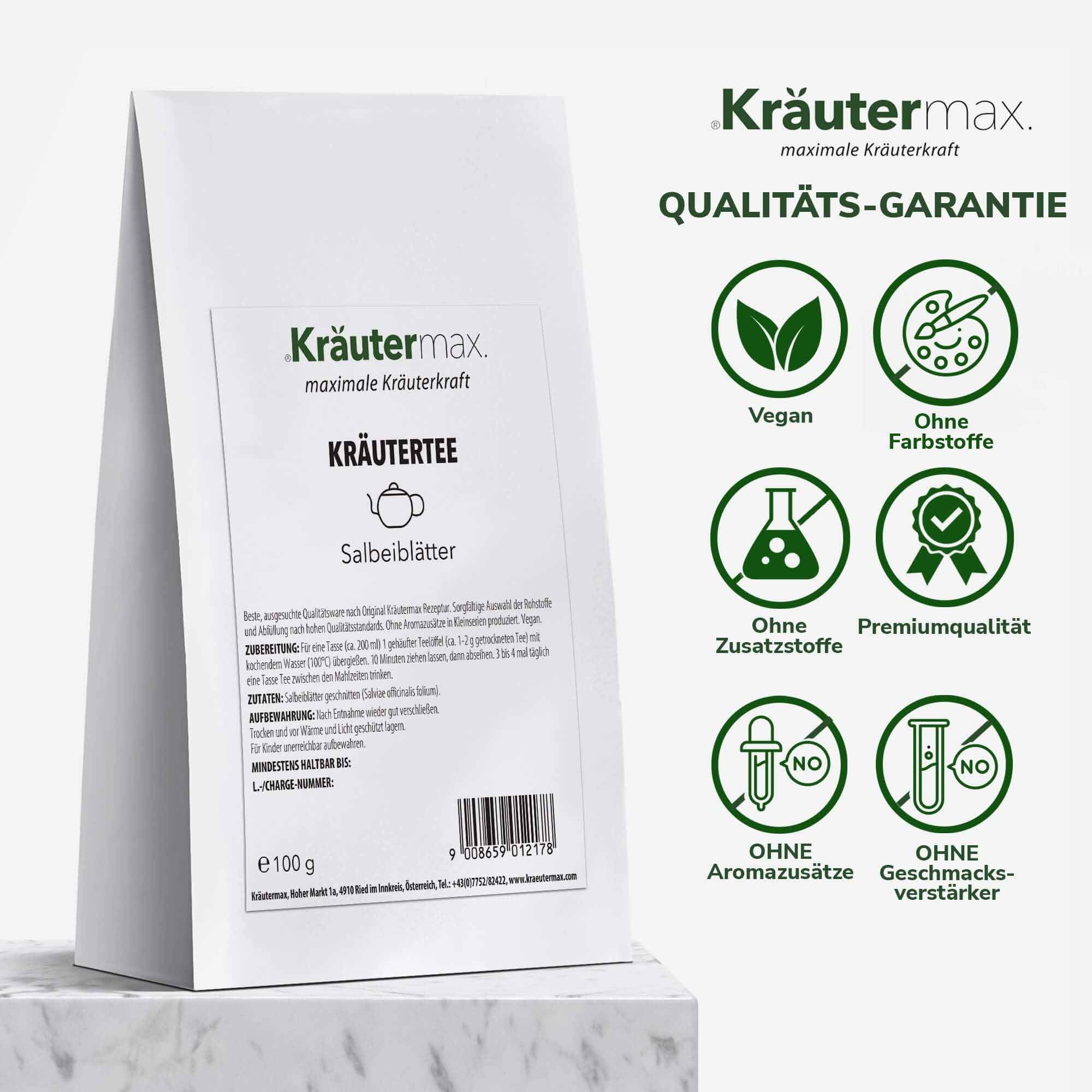 Weiße Kräutermax Kräutertee-Packung mit Salbeiblätter-Aufdruck. Siegel: Vegan, ohne Farbstoffe, ohne Zusatzstoffe, Premiumqualität.
