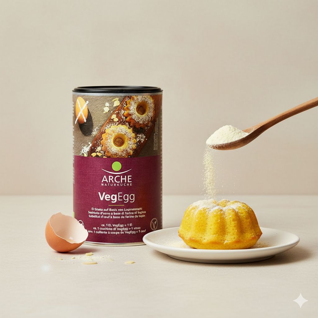 Arche VegEgg Ei-Ersatz Pulver in Dose, daneben ein kleines Küchlein, Eierschale und Löffel mit Pulver.