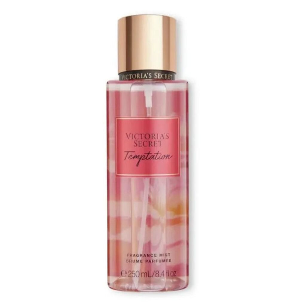 Victoria's Secret Temptation Fragrance Mist Spray. Rosa Flasche mit goldfarbenem Deckel. Text: Victoria's Secret, Temptation.