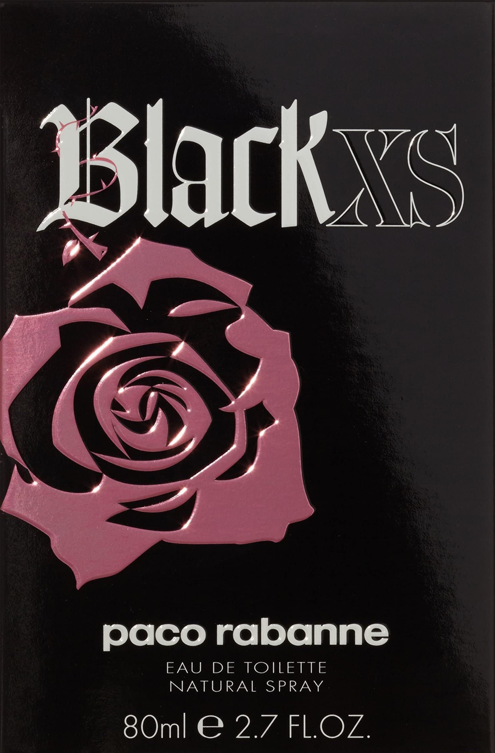 Schwarze Schachtel mit Black XS-Logo und Rose. Aufschrift Paco Rabanne Eau de Toilette.