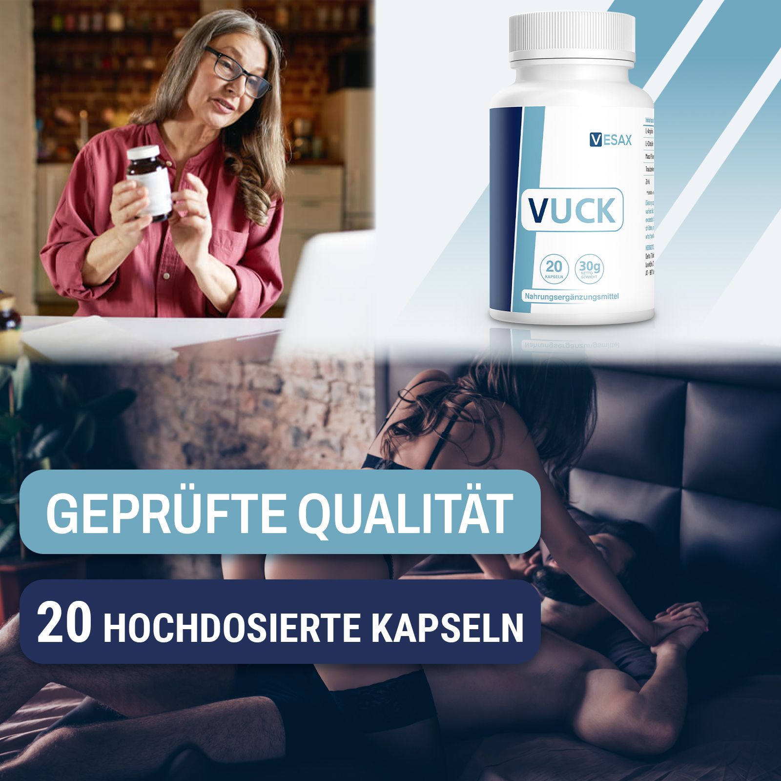 Flasche mit "Vuck" und "VESAX". Text: "Geprüfte Qualität", "20 hochdosierte Kapseln". Frau mit Flasche. Hintergrund: Paar.