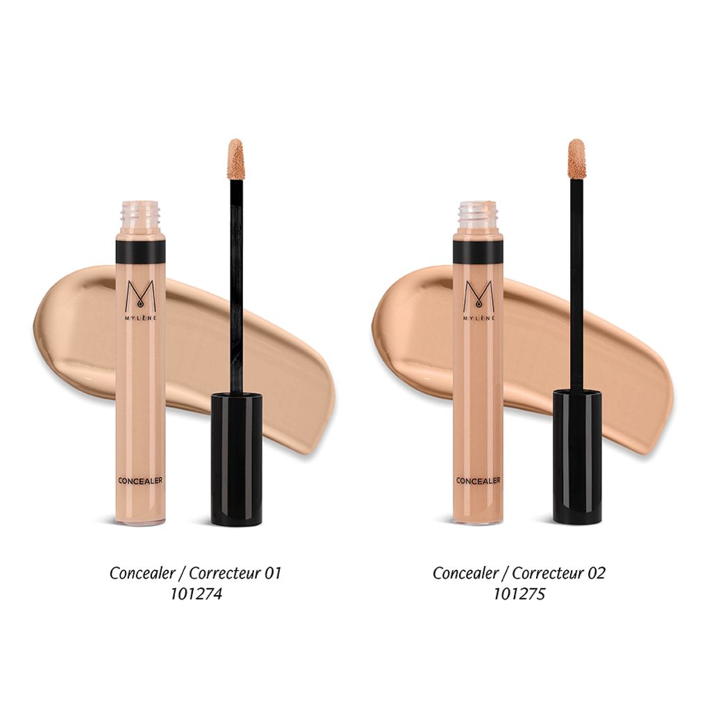 Zwei Concealer-Tuben mit Applikator und Farbmuster. Aufschrift CONCEALER 01 und 02. Marke Mylène.